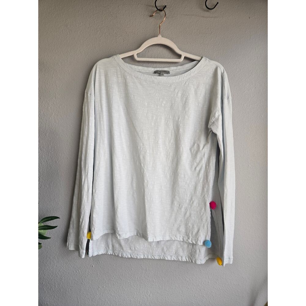 Lisa Todd Pima Cotton Pom Pom Side Slit Slub Knit Long Sleeve Top Blue Small